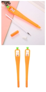 Detail view of carrot-shaped gel pen set showing disassembled parts and cute rabbit charm