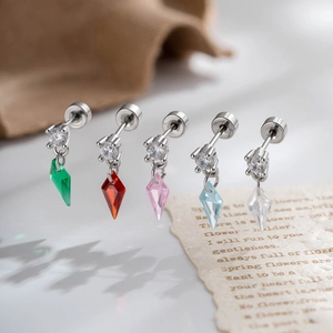 Geometric Rhombus Kite Zircon Pendant Cartilage Stud Earring Titanium Steel Copper Piercing Jewelry Vintage Screw Back