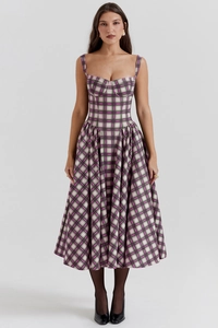 Detail of the pink and green plaid pattern on this sleeveless midi A-line sun dress