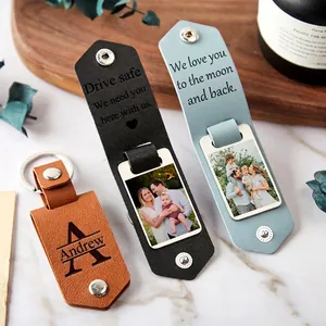 Customized leather photo keychain set with engraved quotes and personalized pictures