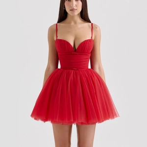 Sweet red mesh mini princess dress with spaghetti straps and layered tutu skirt
