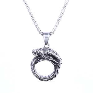 Retro stainless steel dragon totem ring pendant necklace with silver finish and pearl chain