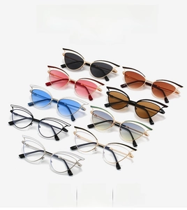 Makroansicht der Cat-Eye-Sonnenbrillen-Kollektion in verschiedenen Farben und feinen Rahmen