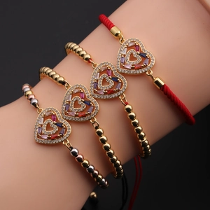 Colorful Cubic Zirconia Heart Charm Bracelet Copper Adjustable Braided Rope Jewelry Romantic Gift For Women