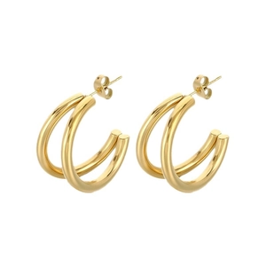 Chic double hoop earrings in polished gold plated stainless steel on white background