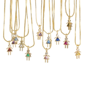 Gold plated box chain necklaces with colorful birthstone girl pendants for women