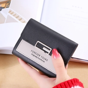 Three-fold contrast color women's wallet in black and grey lychee leather with metal buckle