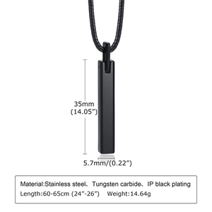 Detail showing dimensions of black tungsten steel bar pendant on 60-65cm rope chain