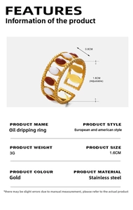 Detail view of adjustable gold stainless steel ring with red and white enamel oval design