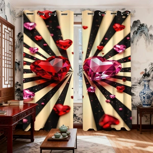 Detail of 3D ruby heart velvet curtains with black and yellow pop art ray background