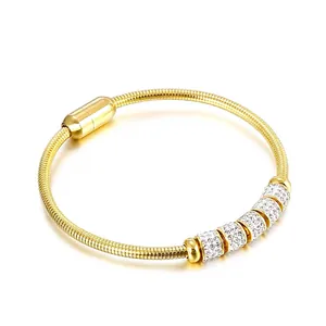 Bracelet Chaîne Serpent En Acier Inoxydable Avec Perles De Chance En Strass Étincelants Et Fermoir Magnétique Pour Femmes