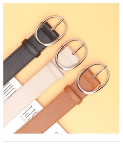 Three-piece women's PU leather belt set in black, beige, and brown with silver oval buckles