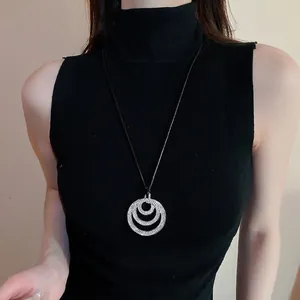 Fashion Multi Layered Concentric Circle Pendant Necklace Alloy With Rhinestones And Glass Modern Long Sweater Chain Women