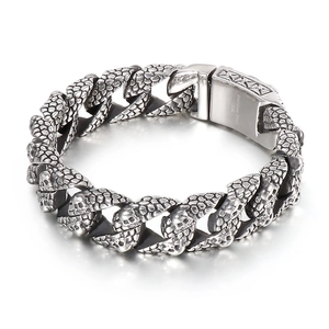 Retro punk 316L stainless steel skull cuban link bracelet for men with square clasp