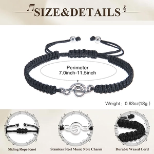 Adjustable black wax rope music bracelet with stainless steel treble clef pendant