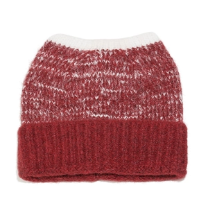 Detailed close-up of gradient knit devil cat ear beanie with soft wool blend texture