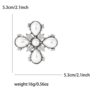 Vintage silver baroque pearl cross brooch with rhinestones for women, 5.3cm square size