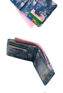 Detail of blue skull wallet with card slots, ID window, and cash compartment storage