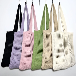 Set of colorful crochet hollow knit tote bags in black, purple, pink, green, khaki, and beige
