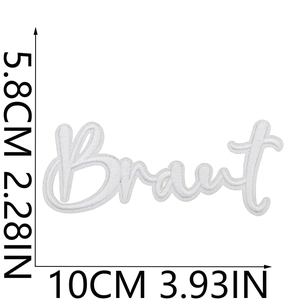 White embroidered heart patch with German Braut text, dimensions 10cm by 5.8cm