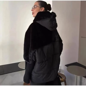 Women Hooded Patchwork Jacket Faux Fur Quilted Padded Coat Ribbed Cuffs Zip Up Winter Warm Loose Streetwear Outerwear