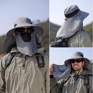Outdoor Sun Protection Bucket Hat Polyester Wide Brim With Detachable Face Mask And Neck Flap For Fishing Hiking Men