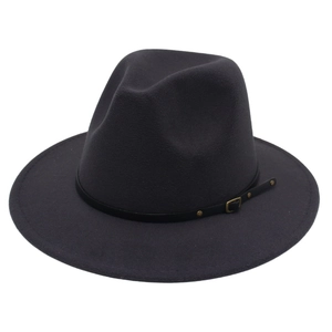Detailed close-up of dark grey wool fedora with black leather belt and gold buckle