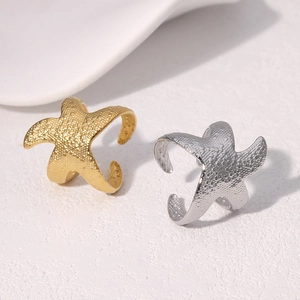 Starfish Open Ring Stainless Steel 18K Gold Plated Adjustable Minimalist Textured Ocean Sea Animal Jewelry For Women