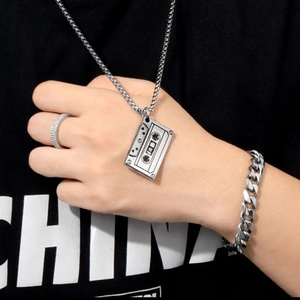 Retro cassette tape pendant necklace with cuban chain and diamond ring set for men