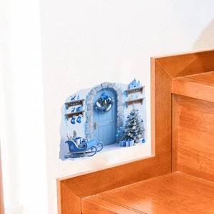 Detailed 3D Christmas door wall decal featuring a festive winter scene with a sleigh and tree