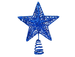Blue glittered metal star tree topper with a spiral base for Christmas decoration
