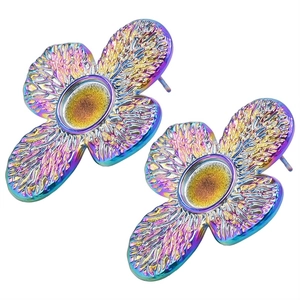 Close-up of rainbow stainless steel flower stud earrings with a textured metal finish