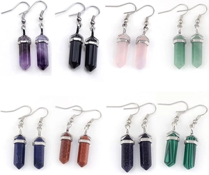 Collection of hexagonal prism natural stone drop earrings in various colorful gemstones