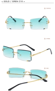 Three-view layout of rimless rectangular sunglasses with gold frame and green gradient lenses