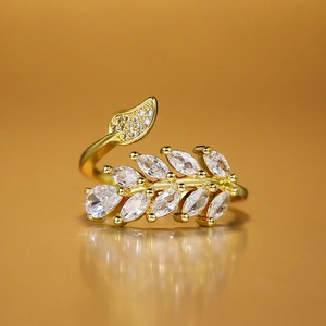 Elegant gold adjustable ring with sparkling marquise zircon leaf design for women