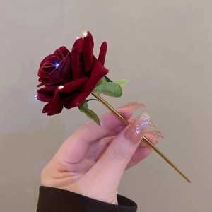 Red Rose Velvet Hair Stick Chinese Style Alloy Hairpin With Tassel Rhinestones Elegant Retro Hair Accessory For Women