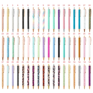 54 assorted metal retractable ballpoint pens with glitter and leopard patterns on white