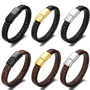 Bracelet Homme en Corde de Cuir Tissé à la Main Avec Fermoir Magnétique en Acier Inoxydable Bijoux Vintage Punk
