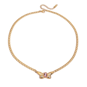 Gold stainless steel butterfly necklace with pink zircon and sparkling rhinestones