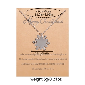 Silver snowflake pendant necklace on Merry Christmas card with detailed measurements