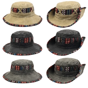 Close-up of outdoor sun protection boonie hats in three colors with ethnic trim patterns