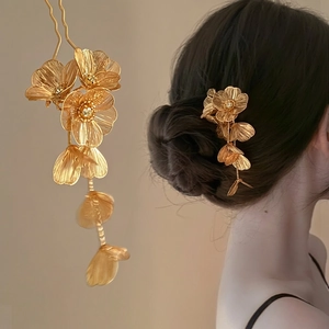 Pic À Cheveux Fleur Vintage Alliage Or Gland Pendentif Épingle À Cheveux En U Avec Strass Pour Femme Style Rétro