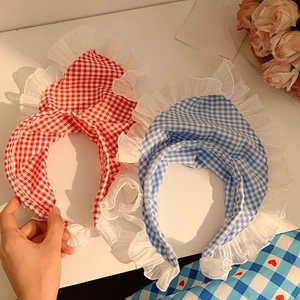 French blue and red plaid lace headband with ruffle trim for a chic coastal hair style