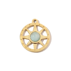 Dettaglio del pendente a raggiera con pietra preziosa verde chiaro in finitura oro 14k