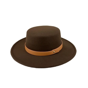 Classic dark brown flat top wool fedora with a stylish leather belt buckle decoration