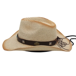 Detail of woven straw fedora featuring brown leather band with turquoise stone and studs