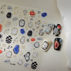 Surrealist melting clock nail stickers with gold foil, black white checkerboard patterns