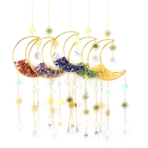 Detailed set of 5 colorful natural crystal moon suncatchers with gold metal frames