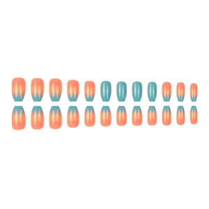 Short ballerina press-on nails with glossy orange and blue vertical gradient finish