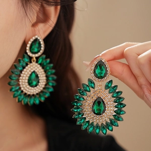Elegant emerald teardrop drop earrings with gold plating and sparkling crystal accents